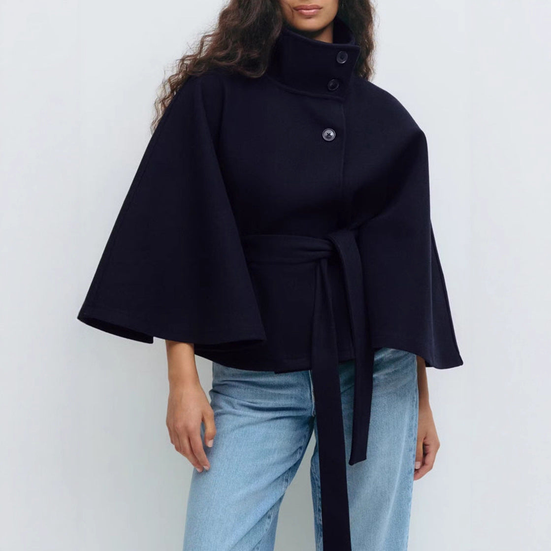 Belted High-Neck Wrap Jacket