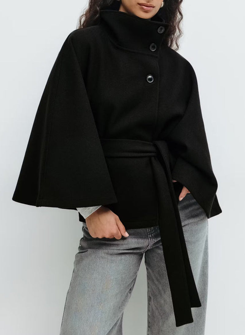 Belted High-Neck Wrap Jacket